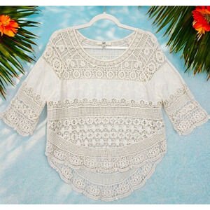 Ya Los Angles Crochet Top High Low 3/4 Sleeve‎ Women S / M Beige Boho Beachy